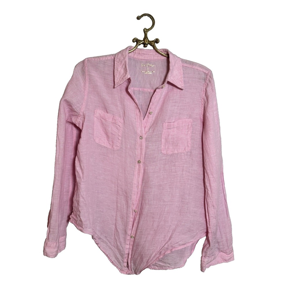 Lily Pulitzer Pink Button Down Size S Linen Shirt Tie Front Preppy Coastal